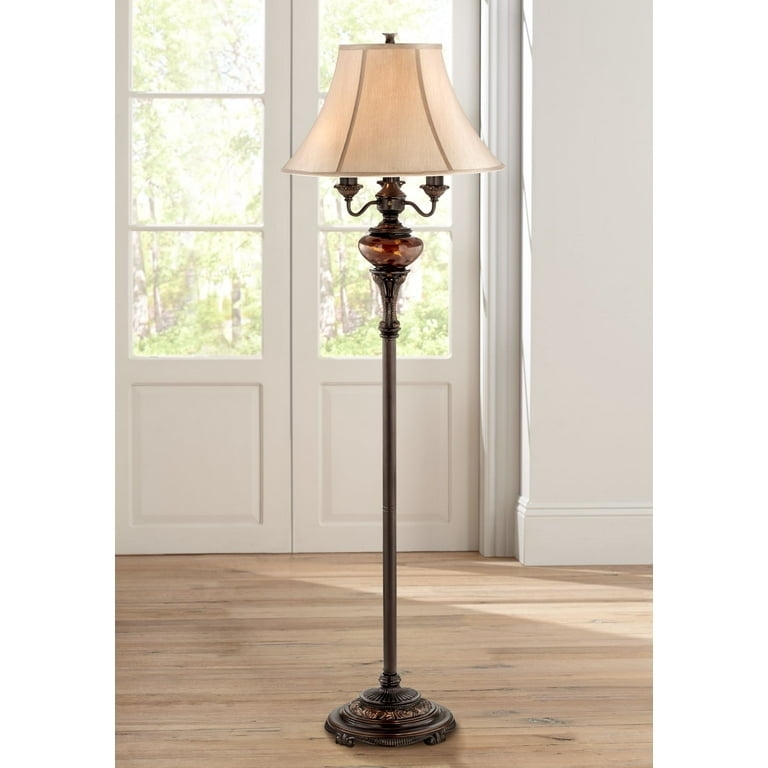 Bronze Floor Lamp, Tortoise Glass Font Feature, Classic Bell Shade