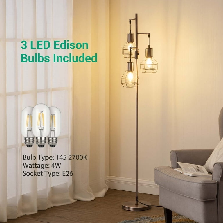 Bronze Industrial Tree Floor Lamp with Cage Shades Exposed Bulbs