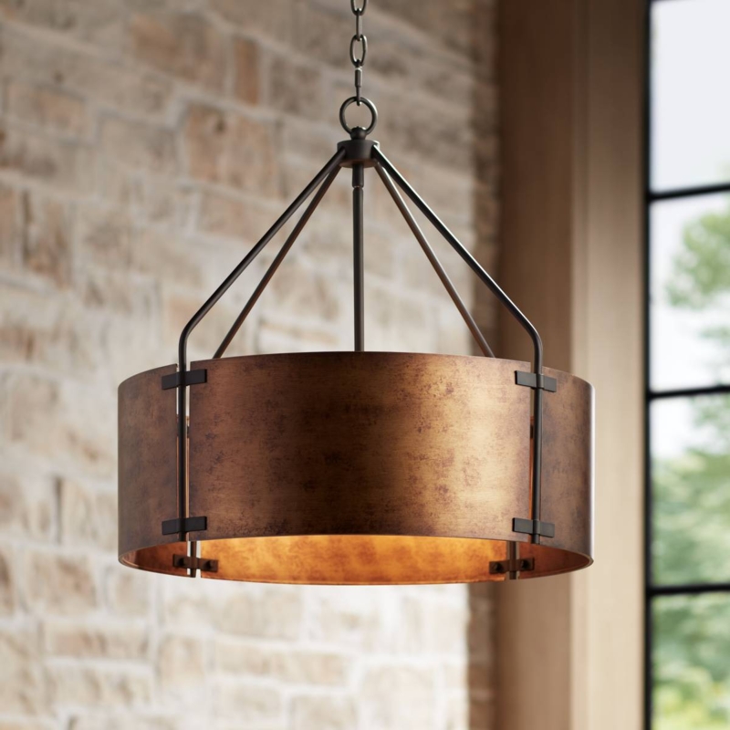 Bronze Lattice Drum Pendant Light with White Fabric Inner Shade
