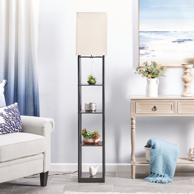 Bronze Shelf Floor Lamp with Square Fabric Shade and Pull Chain