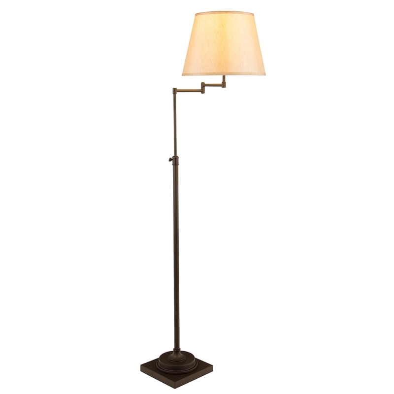 Bronze Swing Arm Floor Lamp with Fabric Drum Shade and Pull Chain