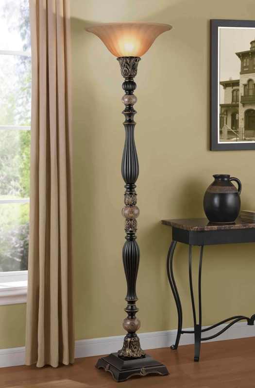 Bronze Torchiere Floor Lamp with Ornate Scrollwork and Frosted Glass Shade
