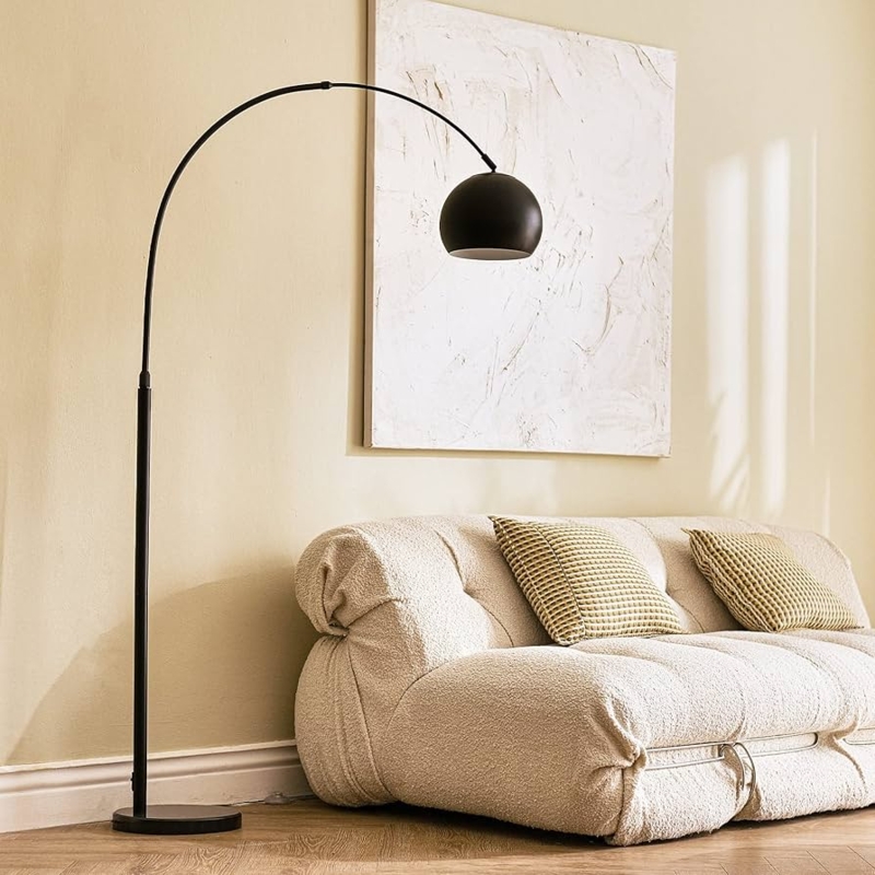 Brushed Gold Arc Floor Lamp Dome Shade Marble Base Mid-Century Modern