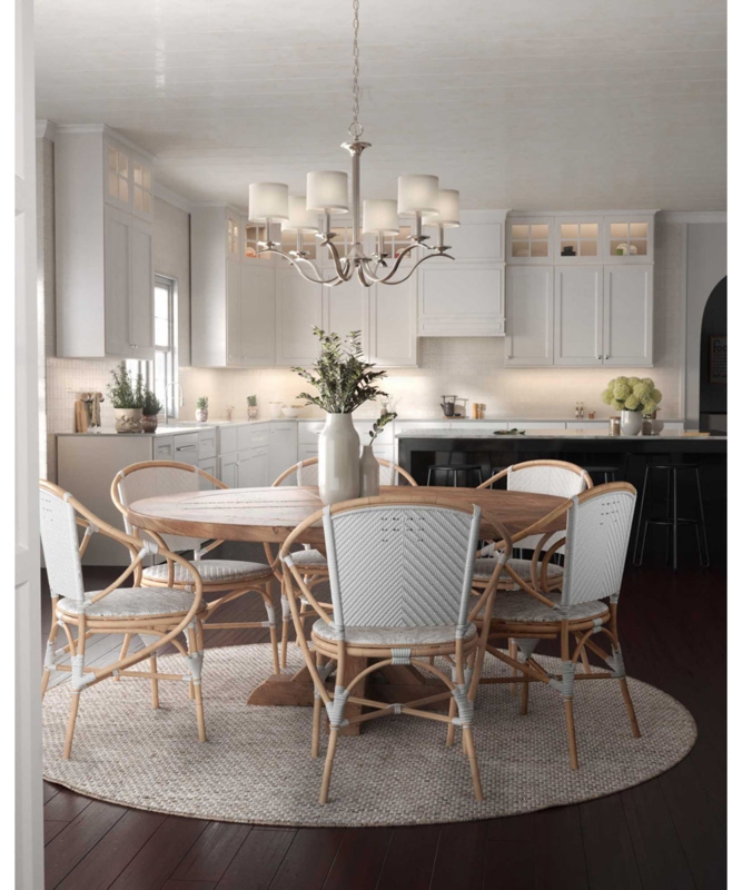 Brushed Nickel Chandelier: White Linen Shades and Transitional Six Light