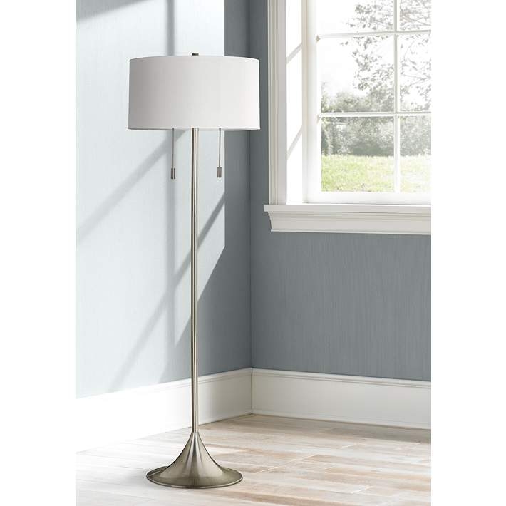 Brushed Nickel Floor Lamp, White Drum Shade, Dual Pull Chains