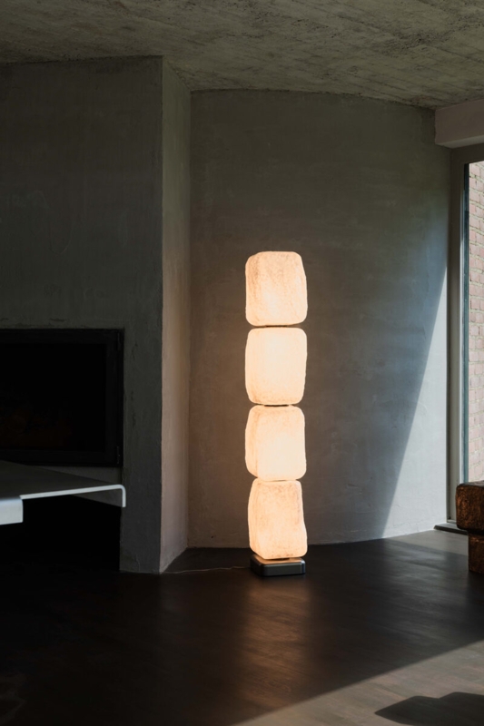 Brutalist Style Floor Lamp with Stacked Stone Blocks and Glass Shade