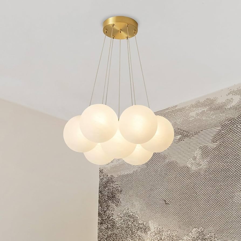 Bubble Chandelier Brass Cluster with Textured Glass Globes