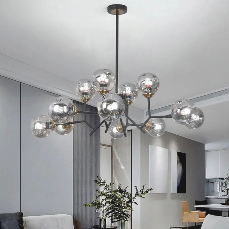 Bubble Chandelier Smokey Grey Glass Polished Gold Mid Century Cluster