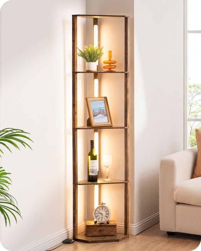 Burlywood Shelf Floor Lamp, Three-Tier Storage, Linen-Like Shade
