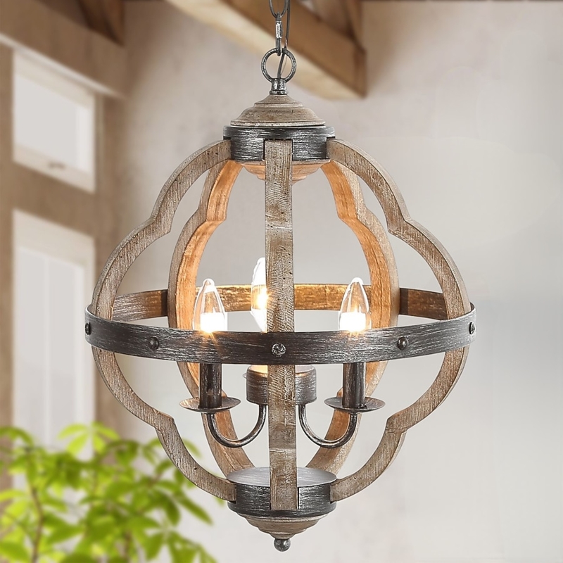 Cage Chandelier Three Light Weathered Gray Wood Rustic Farmhouse