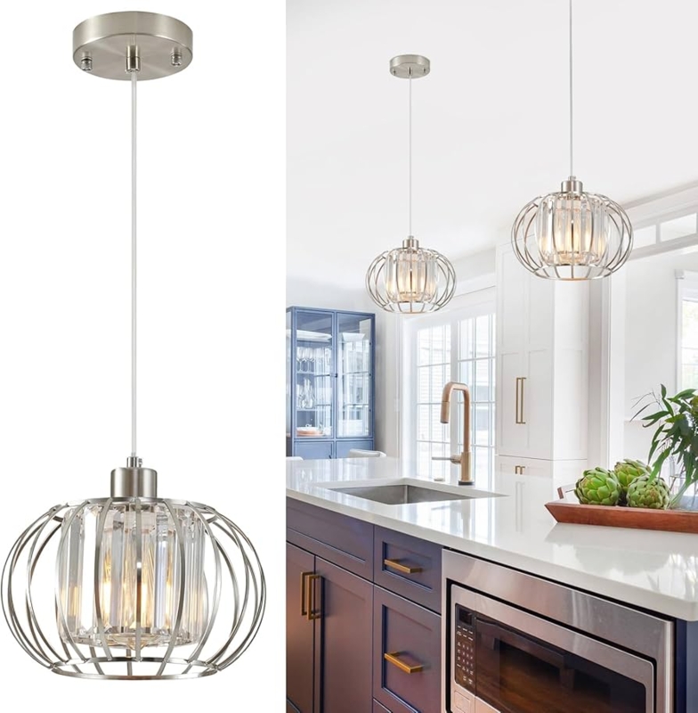 Cage Pendant Light Crystal Filled Geometric Brushed Nickel Farmhouse