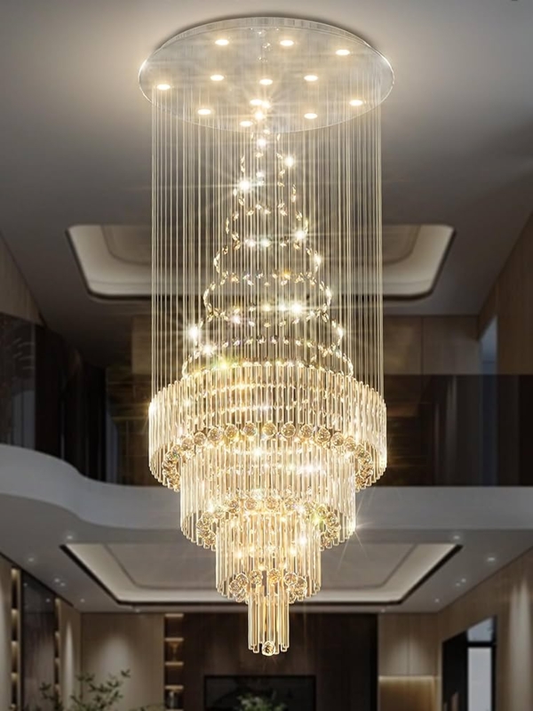 Cascading Chandelier: Chrome Spiral Strands with Crystal Spheres
