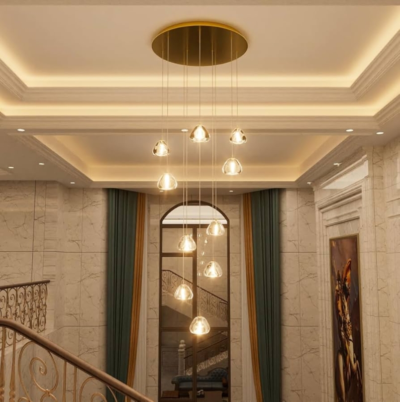 Cascading Glass Ball Chandelier, Gold Spiral Foyer Lighting