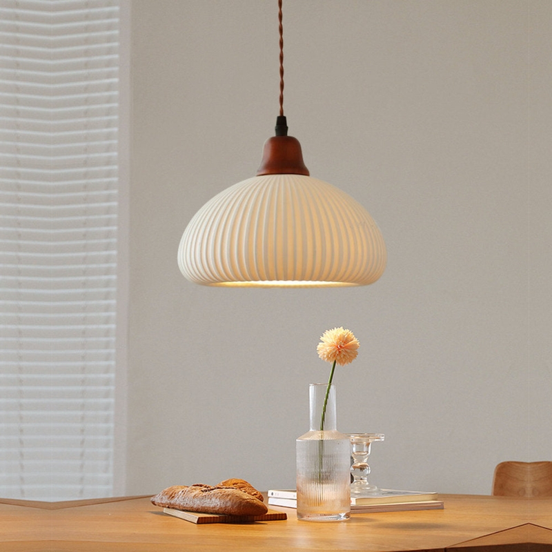 Ceramic Pendant Light, Japandi Style Fluted Cone in Matte Finish