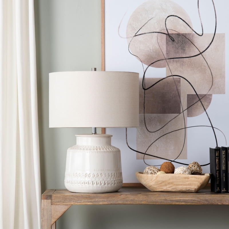 Ceramic Table Lamp Textured White Base Oat Linen Shade Modern Design