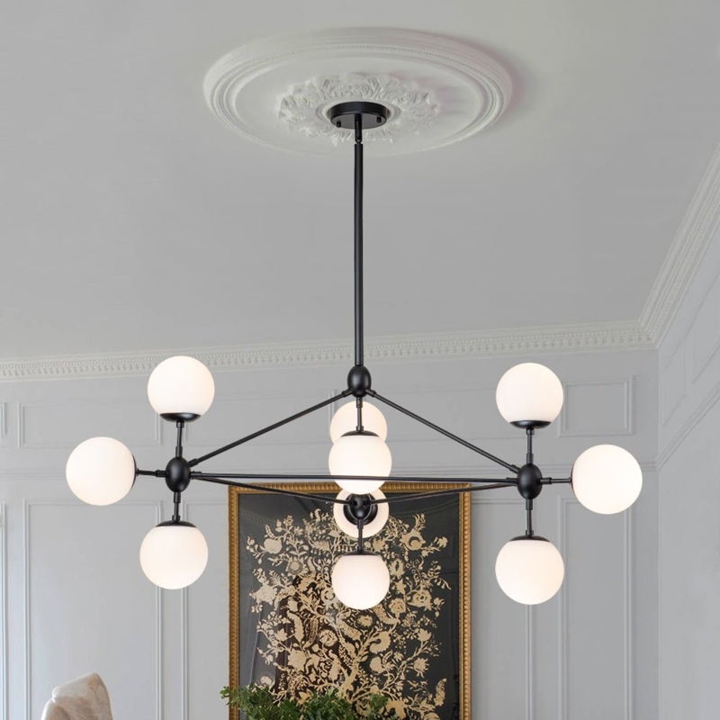 Chandelier 10-Light Configuration Frosted Glass Globes Matte Black