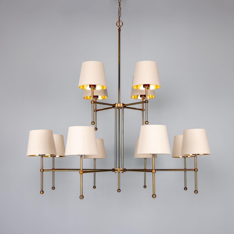 Chandelier, 12-Arm Brushed Brass Globes, Mid-Century 12-Arm Light