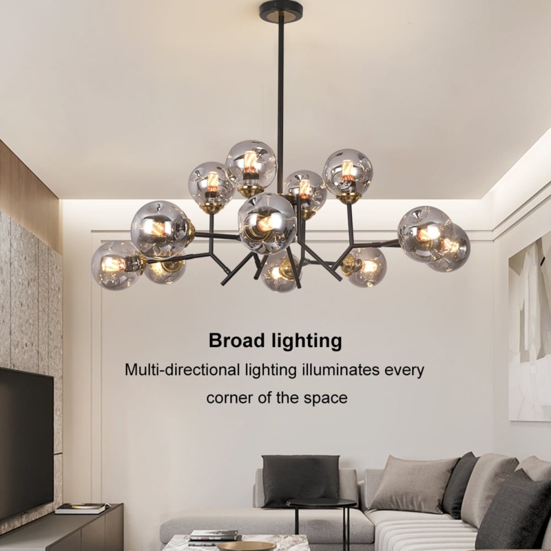 Chandelier 12 Light Matte Black Frosted Globe Shades Linear Modern