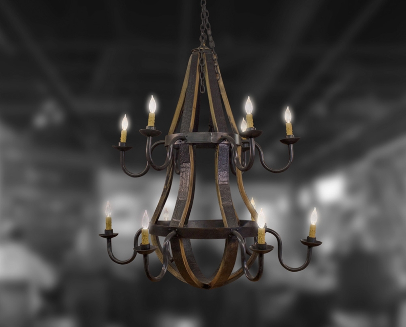 Chandelier, 12-Light Rustic Barrel Staves, Rustic Barrel Stave Light