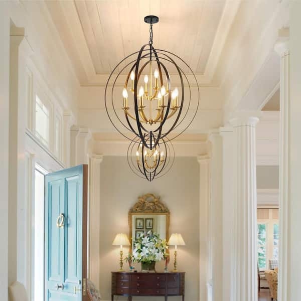 Chandelier 12-Light Spoke Black Gold Industrial Modern Dining Fixture