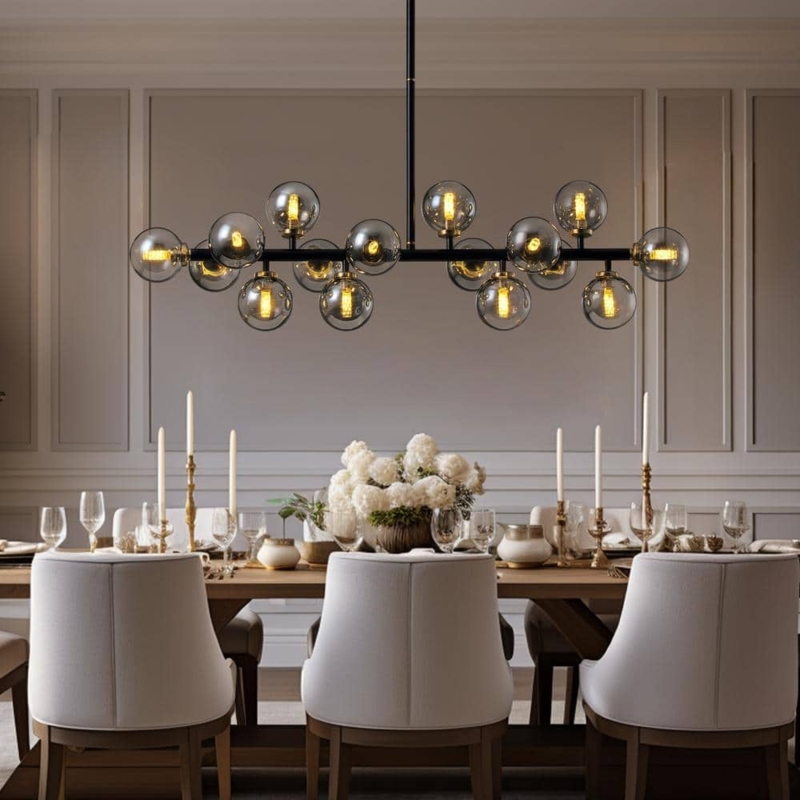 Chandelier, 16 Light Linear Sputnik with Smoke Gray Globes