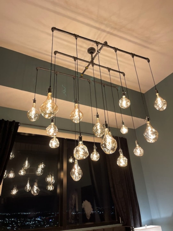 Chandelier, 17-Light Orbital Frame with Matte Black Finish, Edison Bulbs