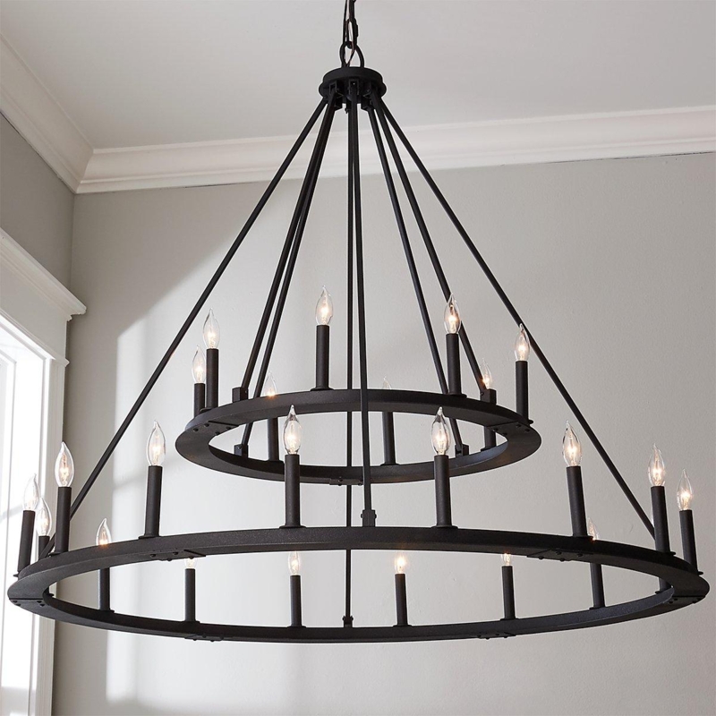 Chandelier, 24-Light Blackened Iron Ring, Minimalist Black Iron Light