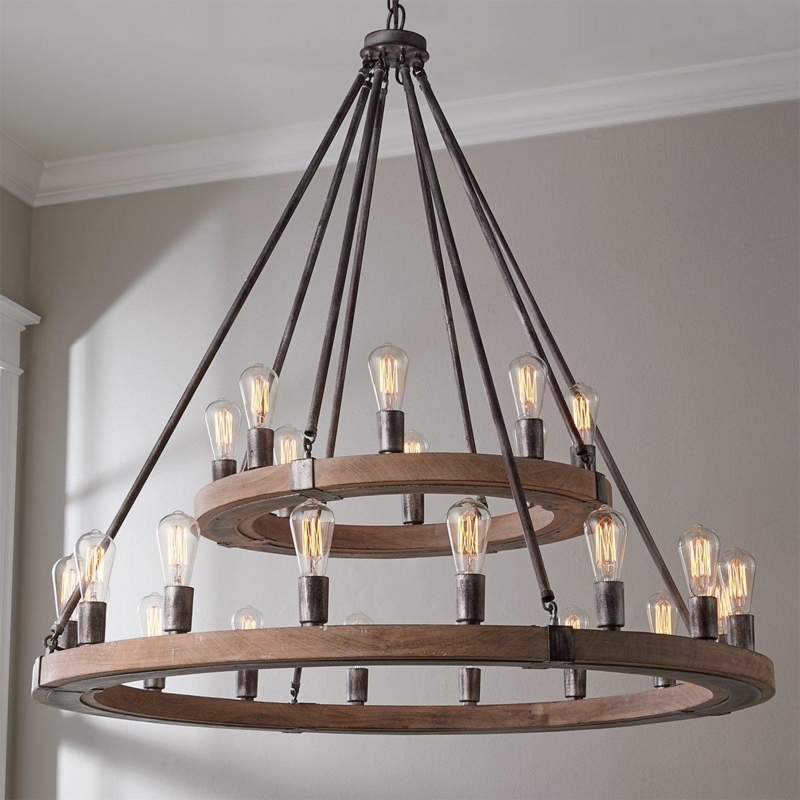 Chandelier, 24-Light Gray Wash Wood Ring, Rustic Gray Wash Chandelier