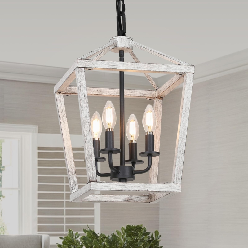 Chandelier, 4-Light Geometric Lantern, Brushed White Oak Finish