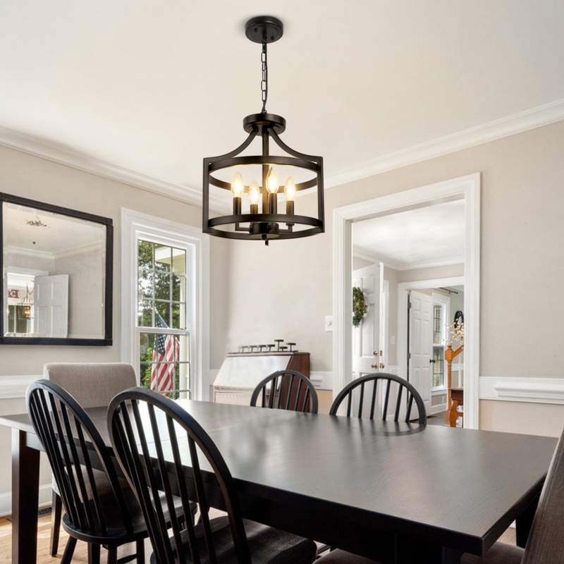 Chandelier, 4-Light Matte Black Lantern with Open Cage