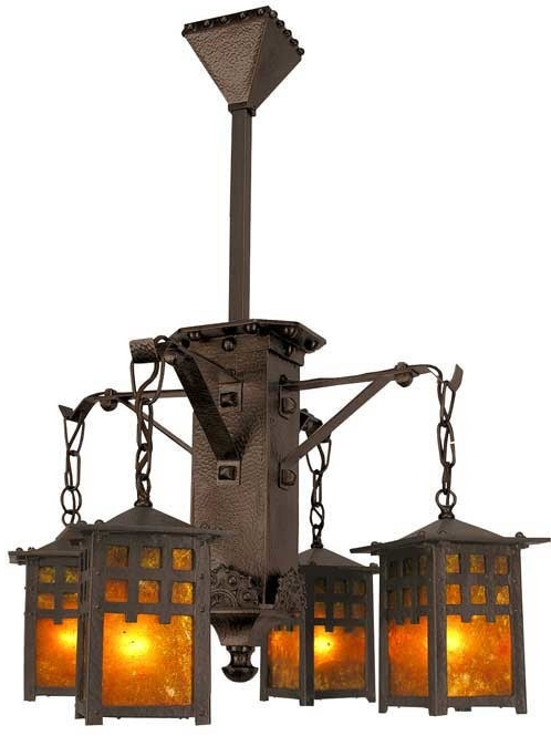 Chandelier, 4-Light Mission Style Linear Lantern, Amber Glass