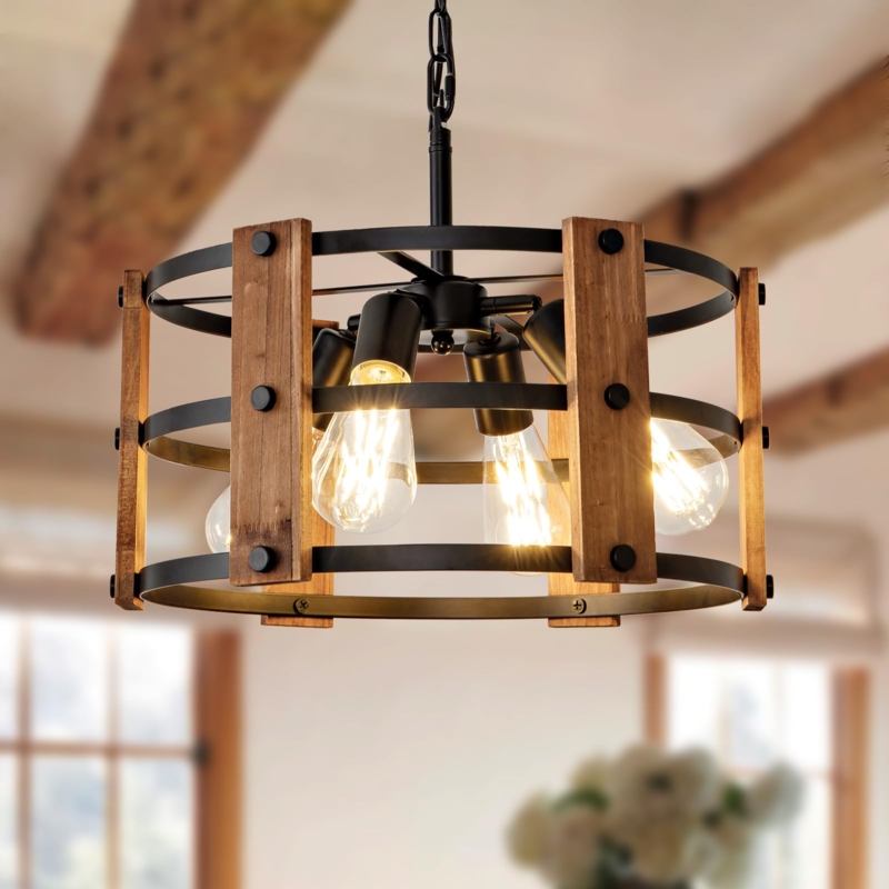 Chandelier 4 Light Mixed Material Frame Vintage Wood Cage Chandelier
