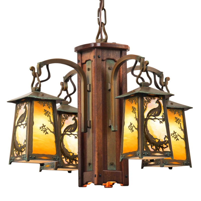 Chandelier, 4-Light Rustic Mahogany Wood Body with Arched Arms