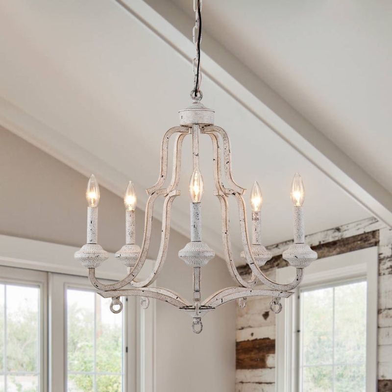 Chandelier, 5-Light Distressed Antique White Tapered Lantern
