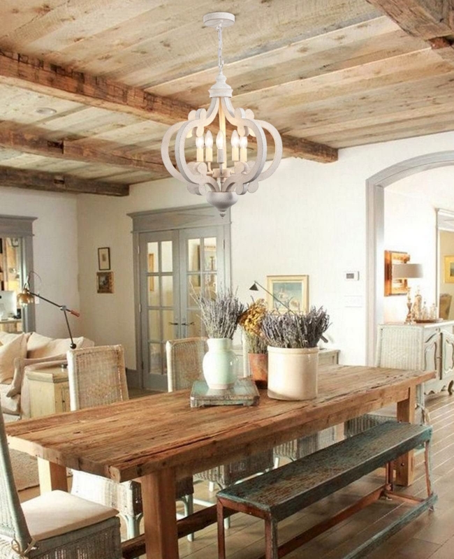 Chandelier 5-Light Distressed White Candle Style Scrolling Metal Arms