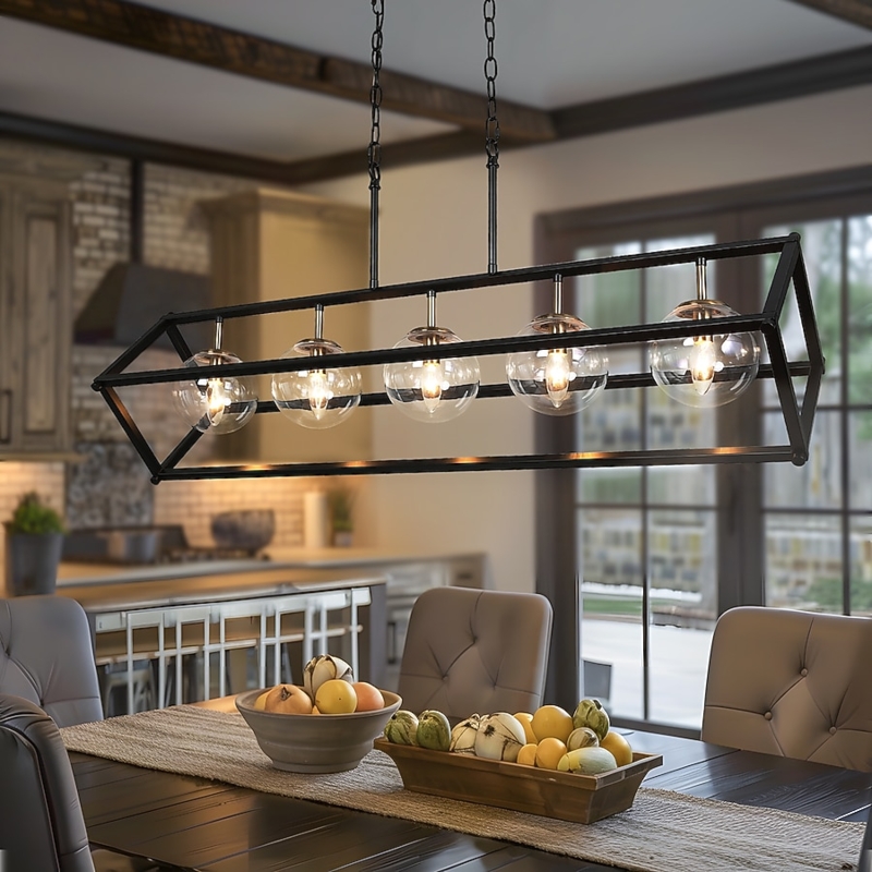 Chandelier, 5-Light Geometric Cage, Matte Black Kitchen Island Fixture