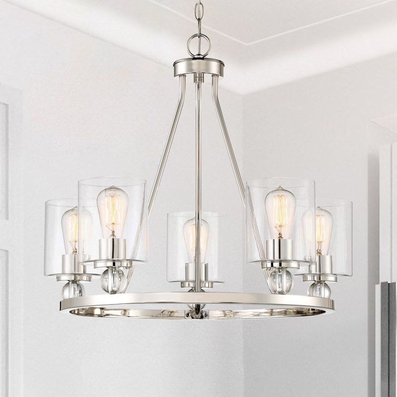 Chandelier 5-Light Polished Nickel with Cylindrical Glass Shades