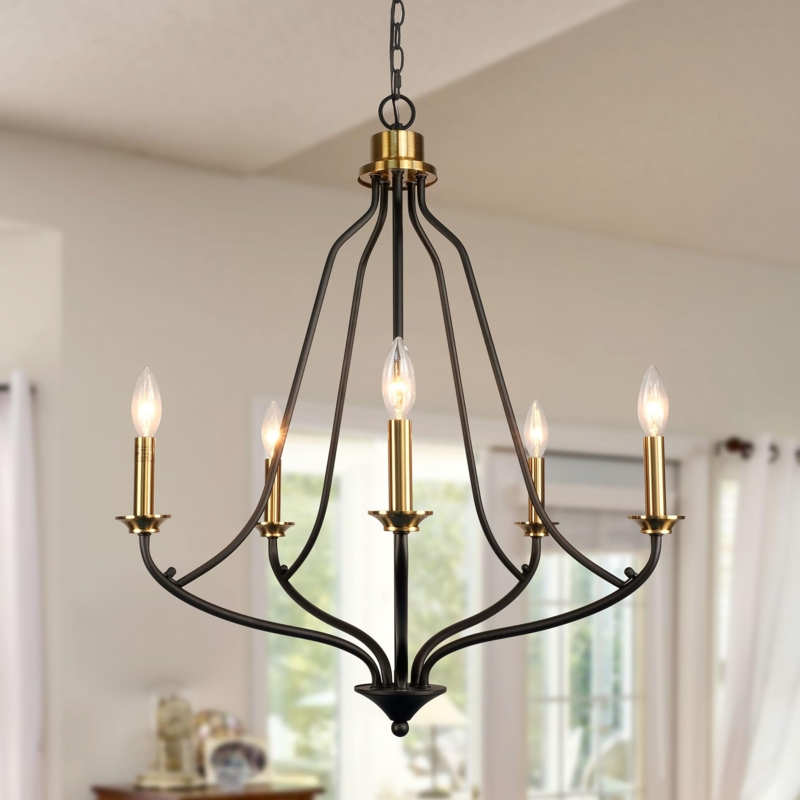 Chandelier 5-Light Wagon Wheel in Two-Tone Black and Gold