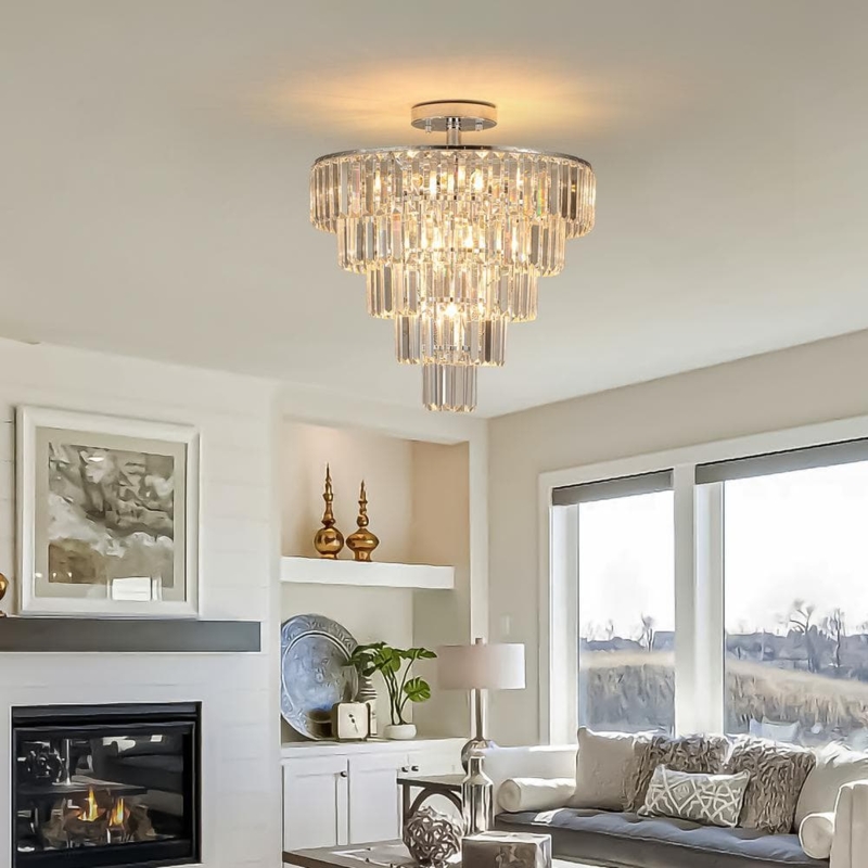 Chandelier: 5 Tier Chrome Finish with Cascading Crystal Pendants