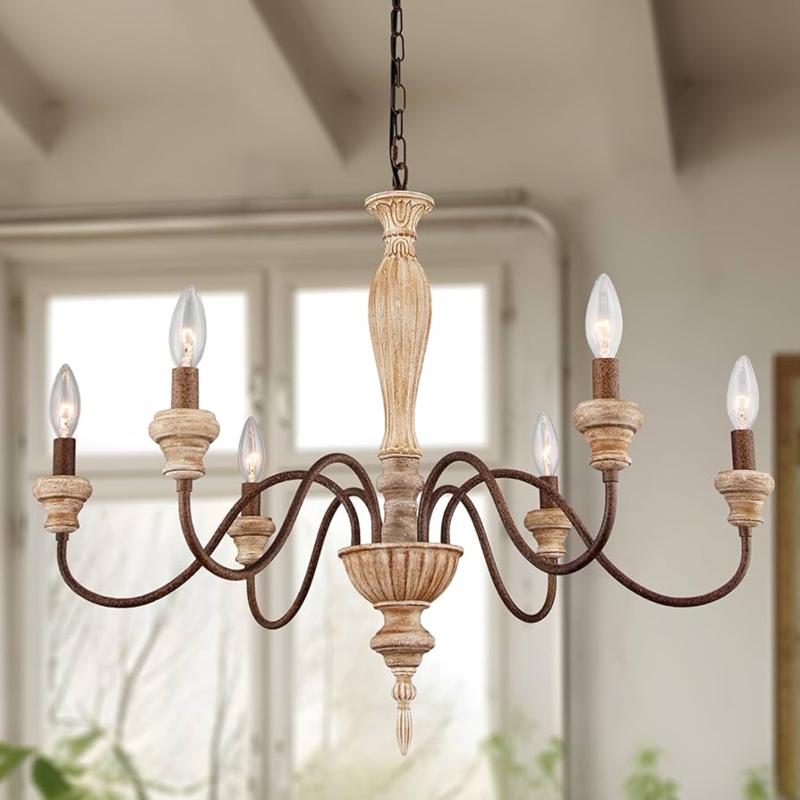 Chandelier 6-Light French Country Distressed Finish Carved Wood Center