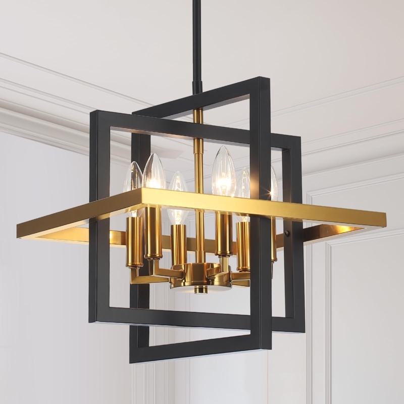 Chandelier, 6-Light Geometric Pendant, Black and Gold Modern Industrial