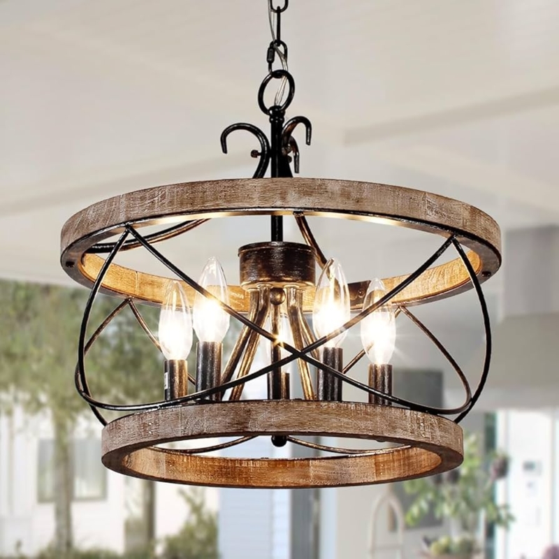 Chandelier 6-Light Weathered Wood Open Circular Silhouette Black Metal