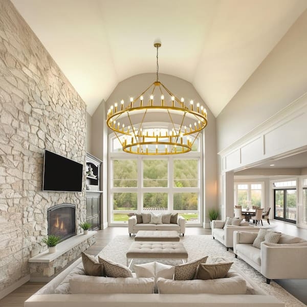 Chandelier, 60-Inch 54-Light Brushed Gold, Large Gold Wagon Wheel