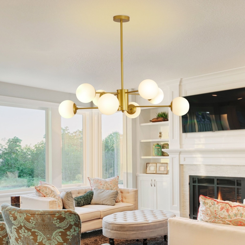 Chandelier 8-Light Gold Spoked Frame with Frosted Glass Globes
