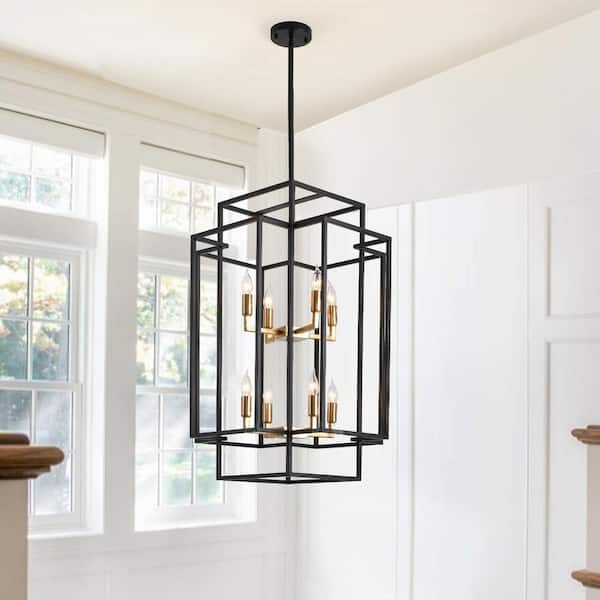 Chandelier, 8-Light Two-Tier Black & Antique Brass Lantern