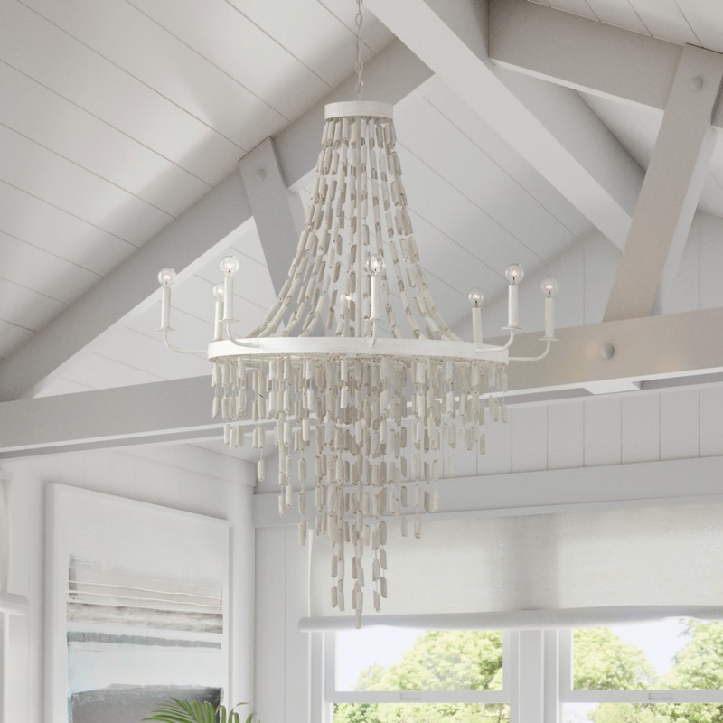 Chandelier 8 Light White Beaded Empire Coastal Dining Room Design