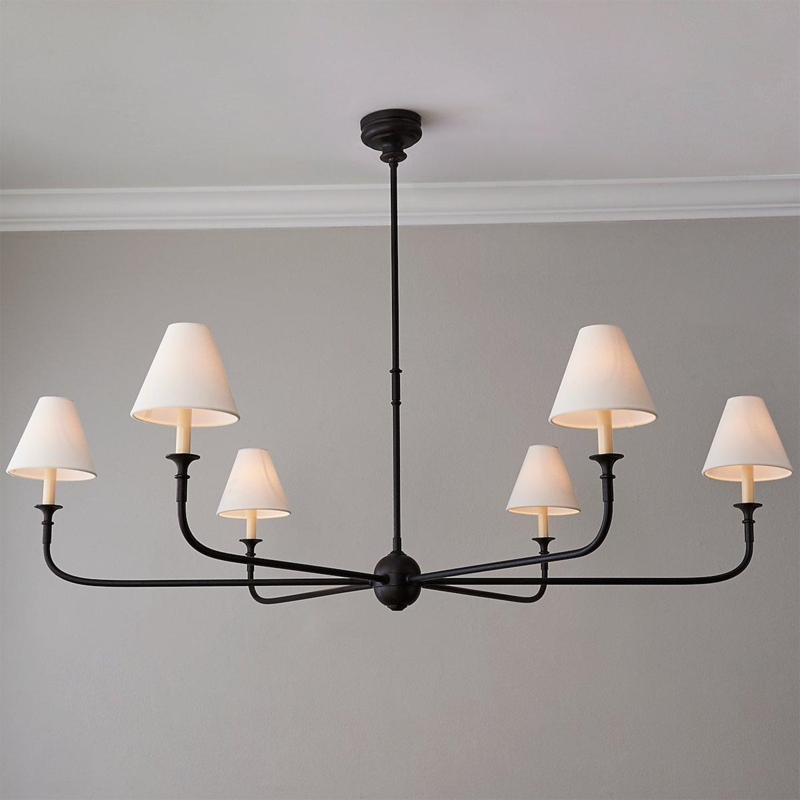 Chandelier Aged Iron Slim Profile Tapered Shades Large Light Fixture