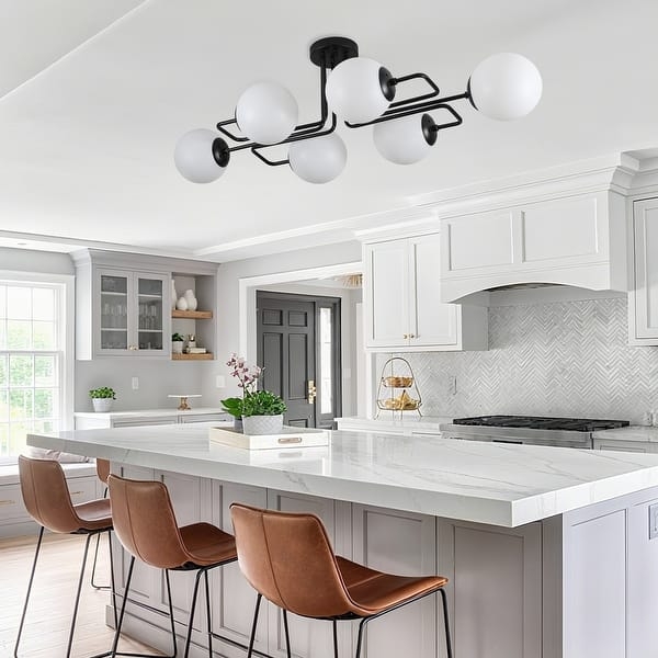 Chandelier Amber Glass Globes, Brass Linear Branching Lighting
