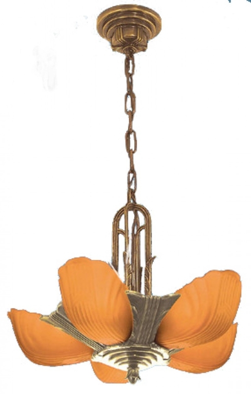 Chandelier Amber Glass Slip Shades Ornate Antique Bronze Art Deco Light