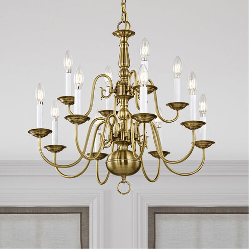 Chandelier Antique Brass 12-Light Two-Tier Colonial Fixture